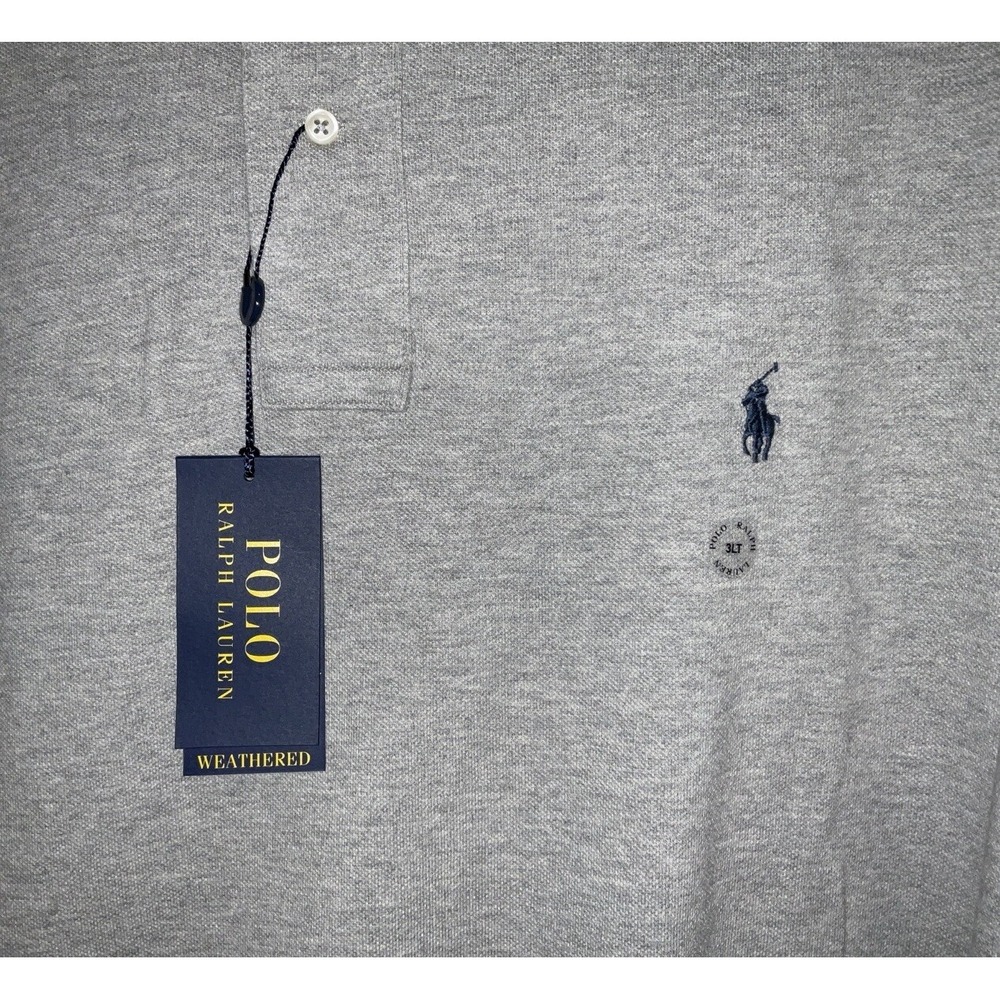 NWT‎ Men's Polo Ralph Lauren Long Sleeve Polo Shirt Gray Heather Navy Pony 3XLT - Picture 2 of 6